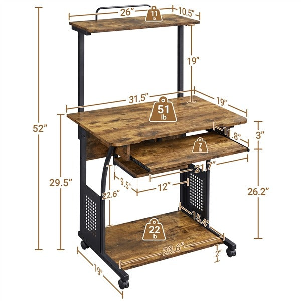 Yaheetech 3 Tiers Rolling Computer Desk with Keyboard Tray - Image 4