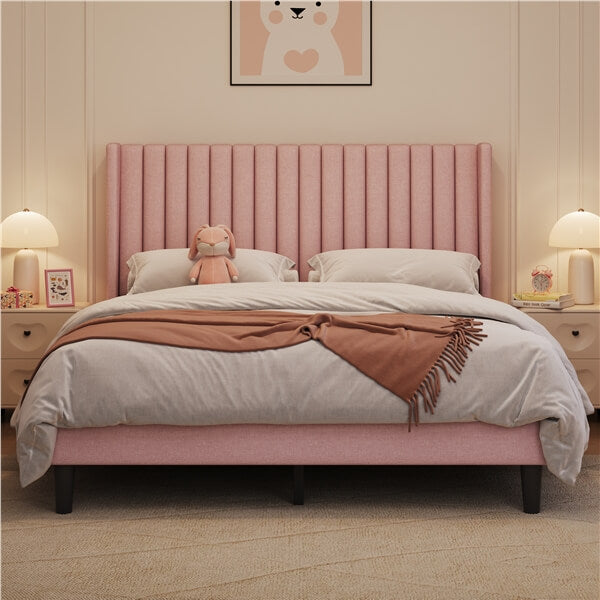 Queen Upholstered Bed Frame with Wing Side - Image 7