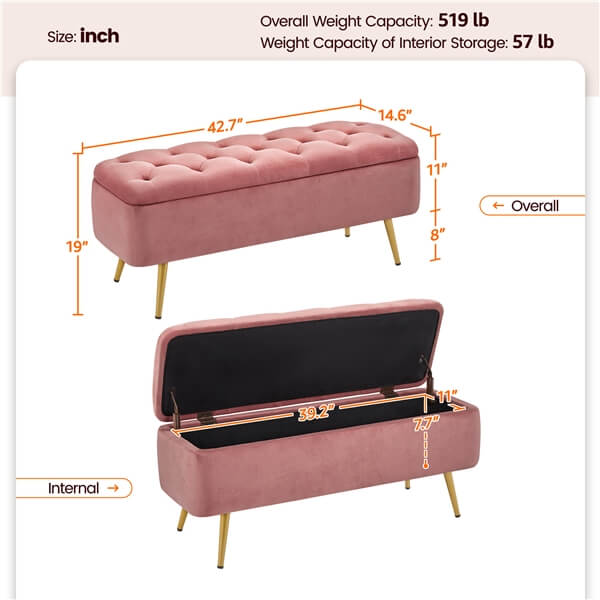Yaheetech Ottoman with Storage Velvet Entryway Bench - Image 5