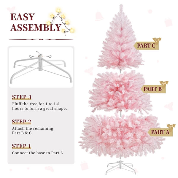 Yaheetech 6ft Pre-lit Artificial Hinged Christmas Tree Pink - Image 4