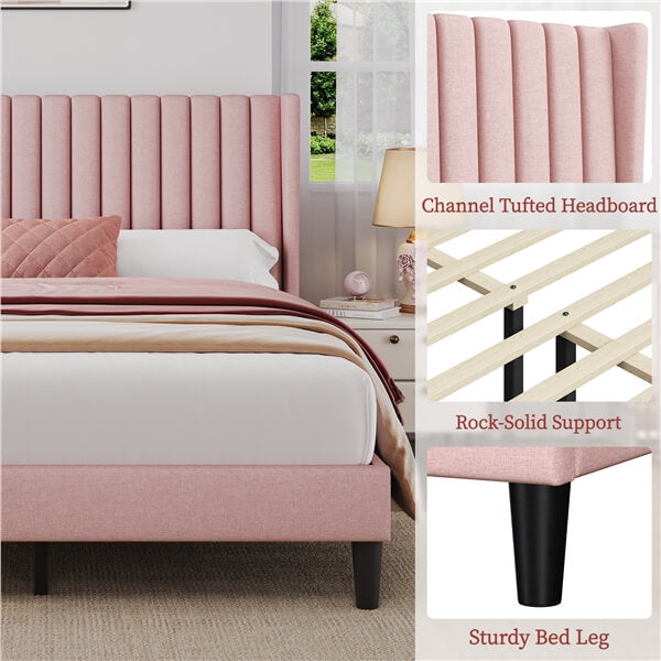 Queen Upholstered Bed Frame with Wing Side - Image 3