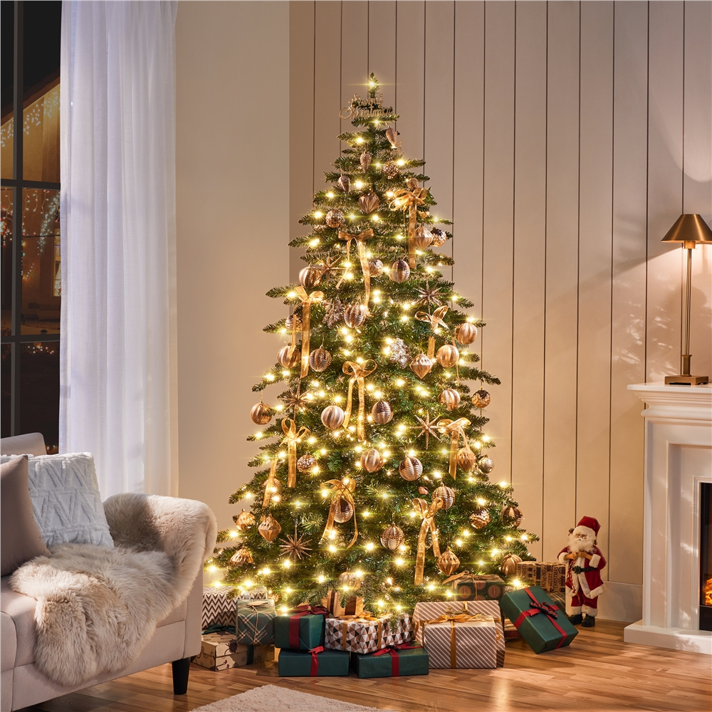 Pre-lit Christmas Fir Tree with Warm LED Lights & PVC Tips. Stand Included