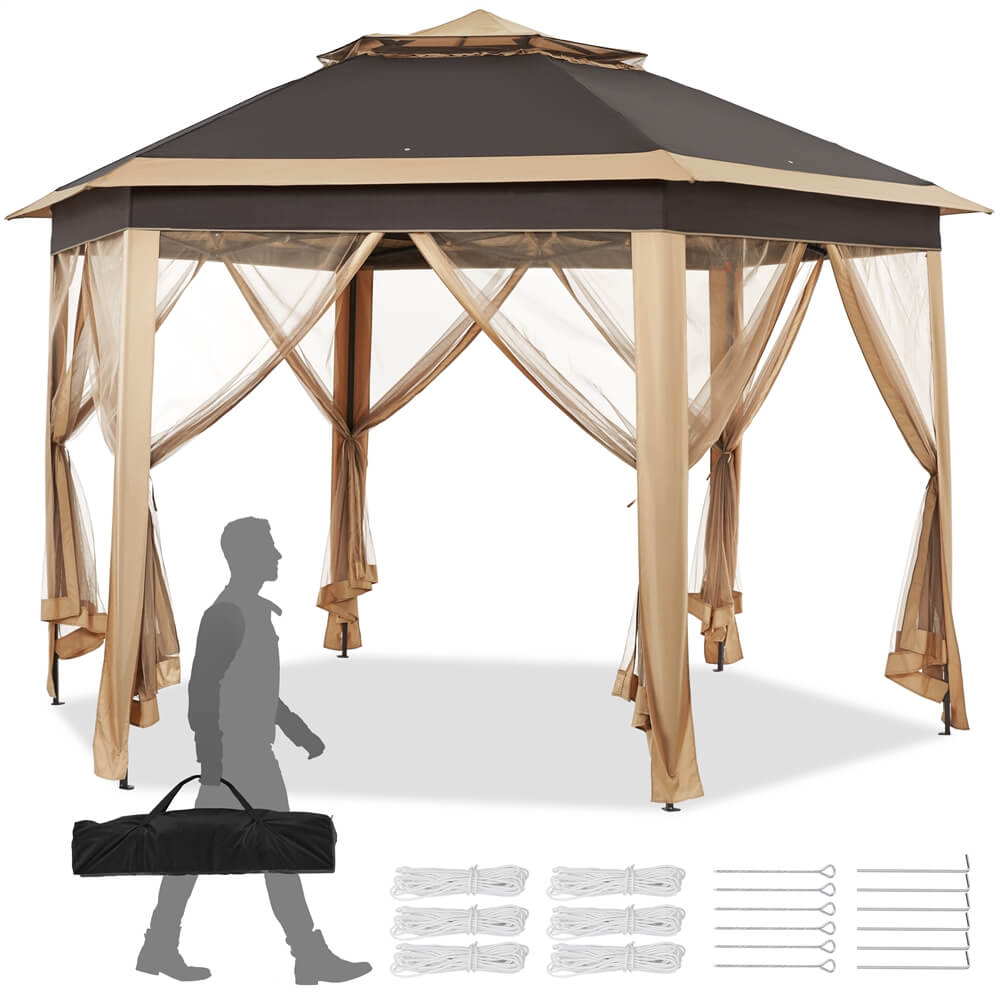 Yaheetech 13' X 13' Hexagonal Pop up Gazebo. Khaki/Brown - Image 2
