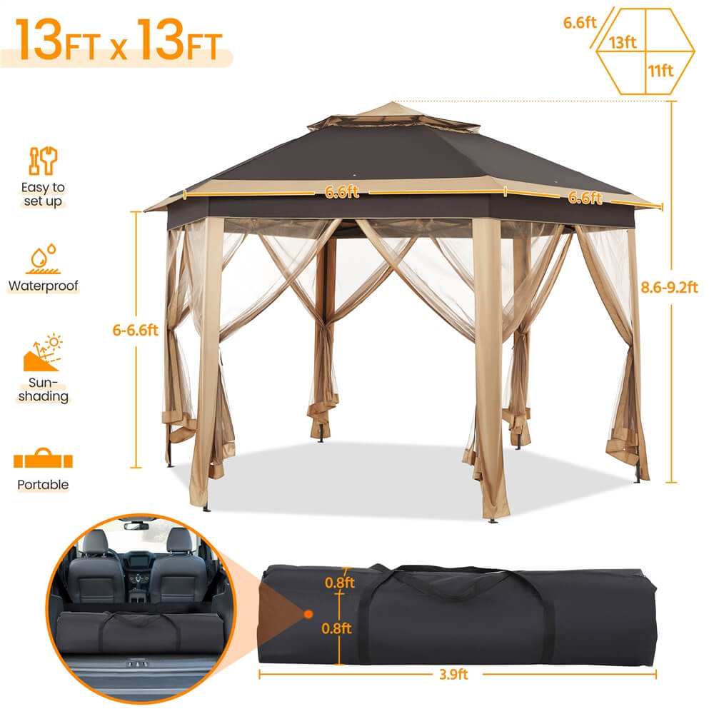 Yaheetech 13' X 13' Hexagonal Pop up Gazebo. Khaki/Brown - Image 3
