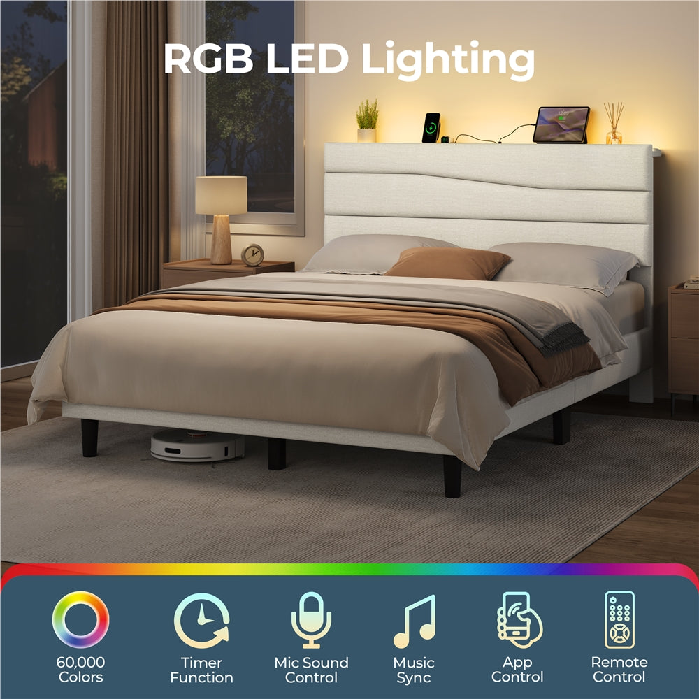 Yaheetech Full Upholstered Bed Frame with LED Lights & Charging Station - Image 8