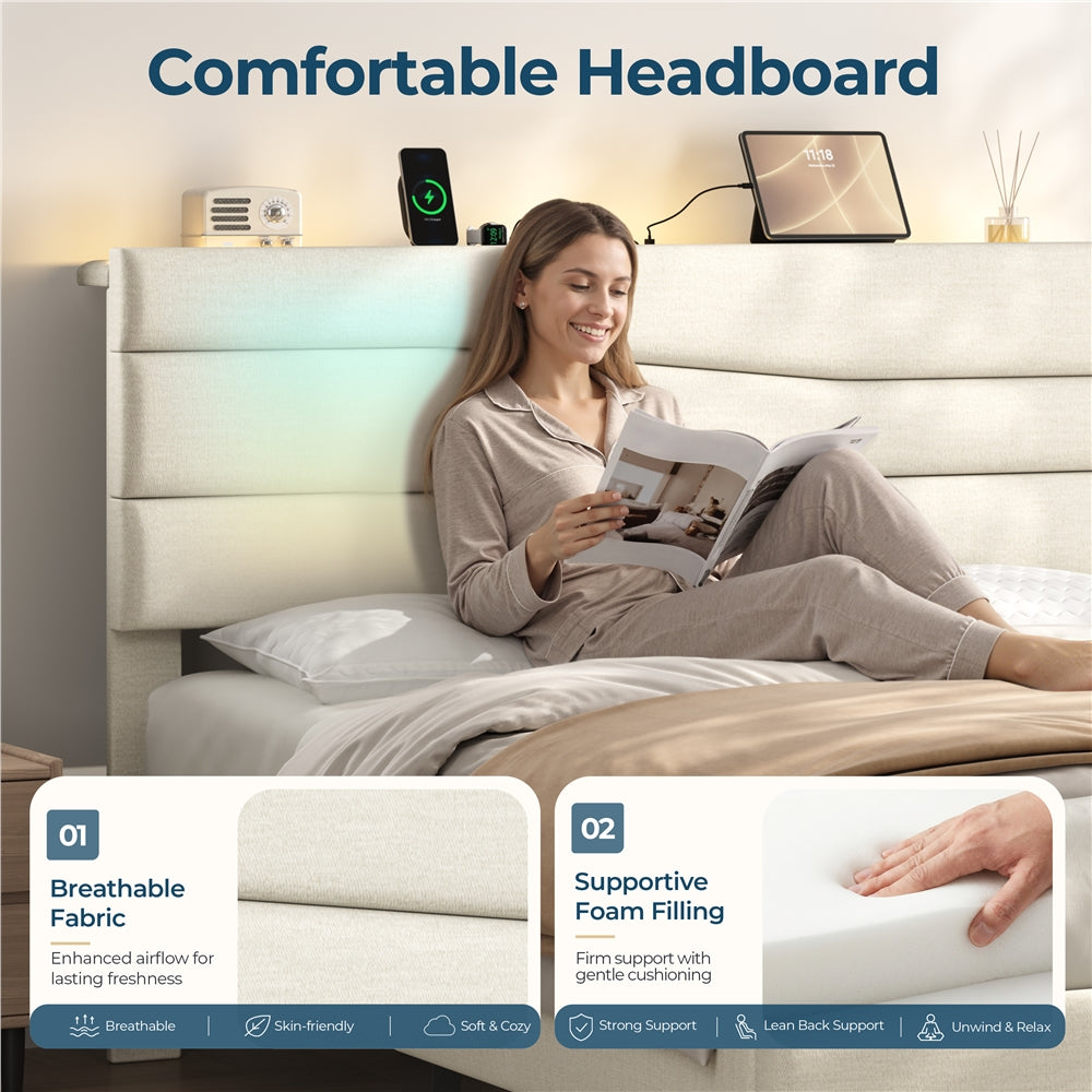 Yaheetech Full Upholstered Bed Frame with LED Lights & Charging Station - Image 9