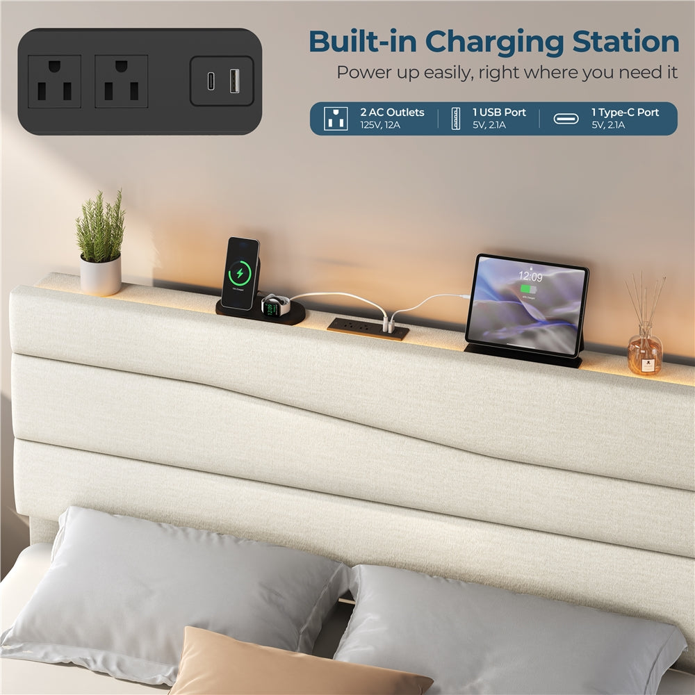 Yaheetech Full Upholstered Bed Frame with LED Lights & Charging Station - Image 10
