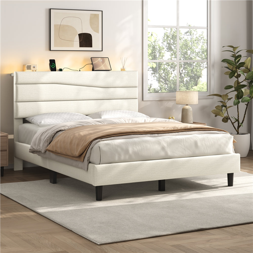 Yaheetech Full Upholstered Bed Frame with LED Lights & Charging Station - Image 5