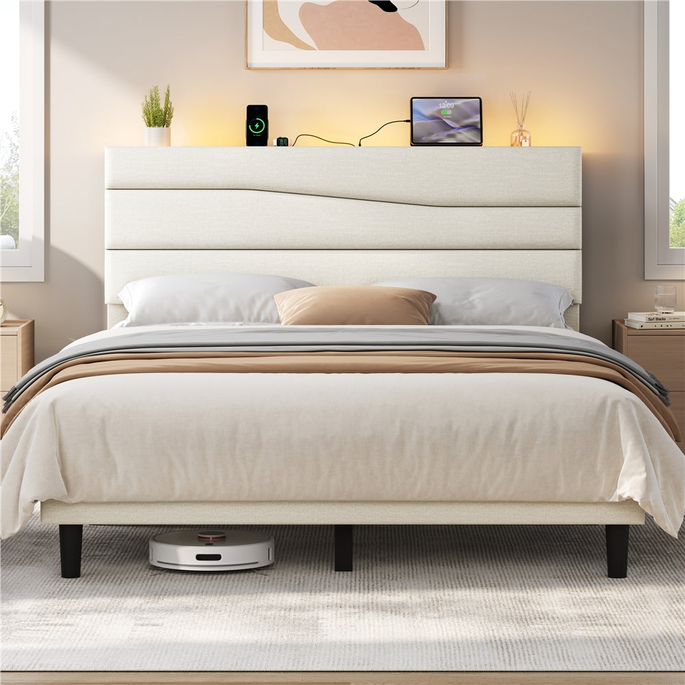 Yaheetech Full Upholstered Bed Frame with LED Lights & Charging Station - Image 12