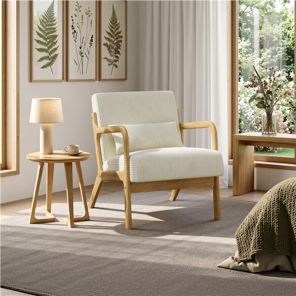 Yaheetech Corduroy Accent Chair with Solid Wood Legs & Armrests - Image 3