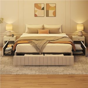 Yaheetech Upholstered Bed with Underbed 3 Storage Drawers
