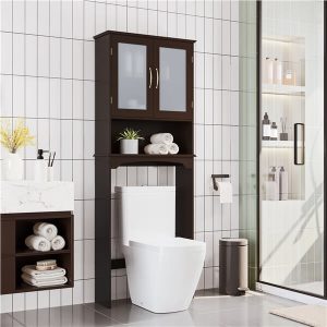 Yaheetech Free Standing Toilet Rack with Adjustable Shelves and Tempered Glass Doors for Bathroom Washroom