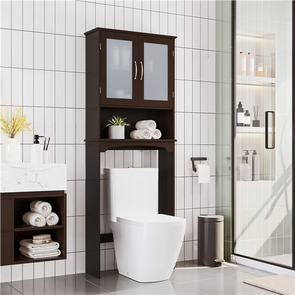 Yaheetech Free Standing Toilet Rack with Adjustable Shelves and Tempered Glass Doors for Bathroom Washroom