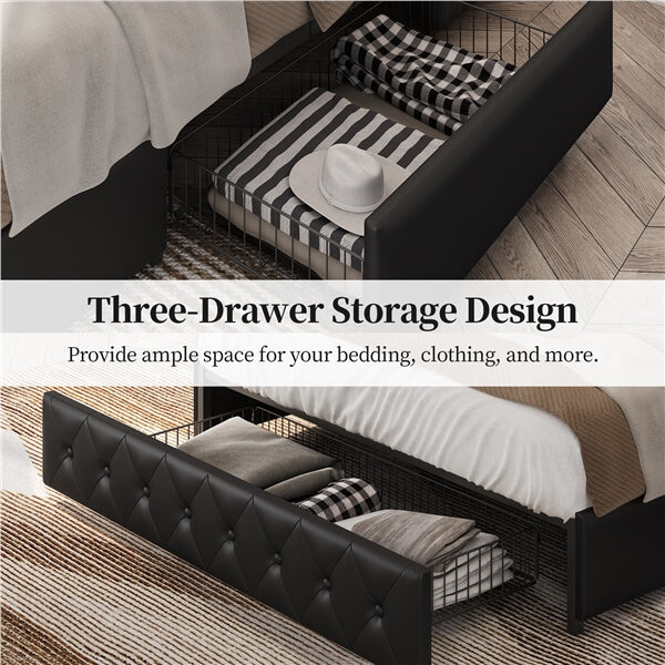 Yaheetech Upholstered Bed Frame with Adjustable Headboard and Three Drawers Storage - Image 11