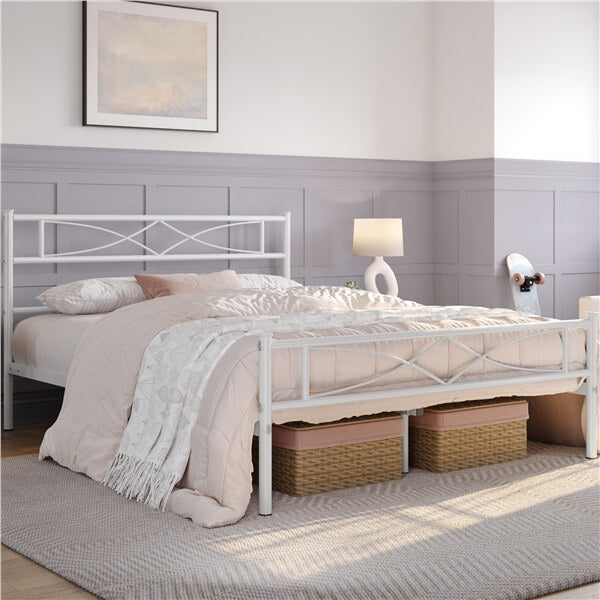 Yaheetech White Metal Bed with Headboard
