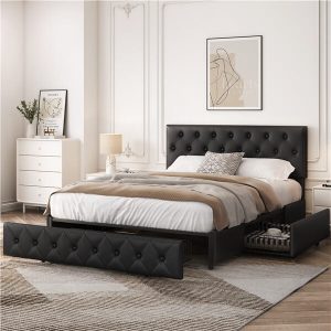 Yaheetech Upholstered Bed Frame with Adjustable Headboard and Three Drawers Storage