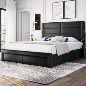 Yaheetech Leather Upholstered Platform Bed with Headboard