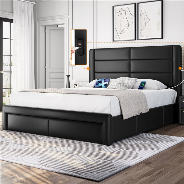 Yaheetech Leather Upholstered Platform Bed with Headboard