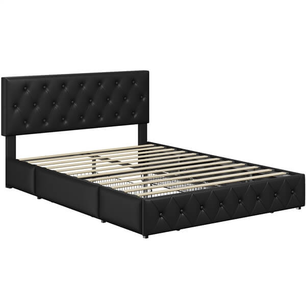 Yaheetech Upholstered Bed Frame with Adjustable Headboard and Three Drawers Storage - Image 2